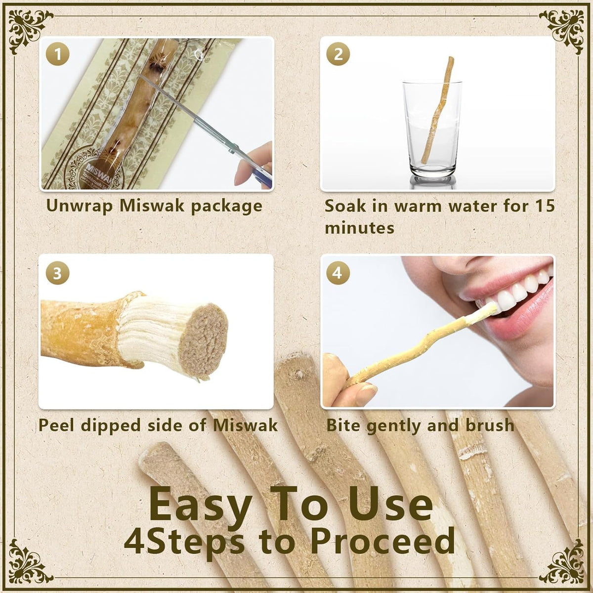 Miswak Sticks for Teeth Pack of 6 - Vacuum Sealed Traditional Sewak Natural Miswak Toothbrush - for Healthy Teeths,Gums and Fresh Breath